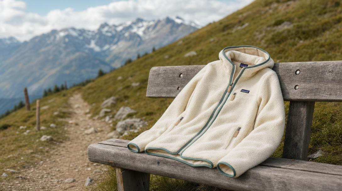 Un pile Patagonia appoggiato su una panchina lungo un sentiero mostra il suo contesto d’uso per le passeggiate.