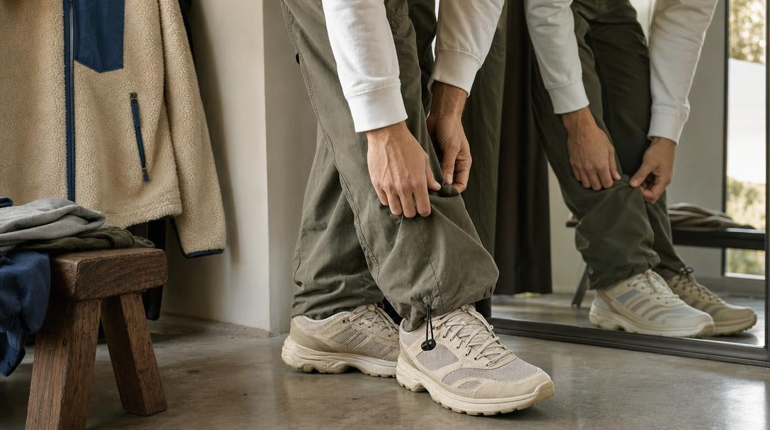 Mani controllano la vestibilità di un pantalone streetwear durante una prova in camerino, accanto alla scarpa e allo specchio.