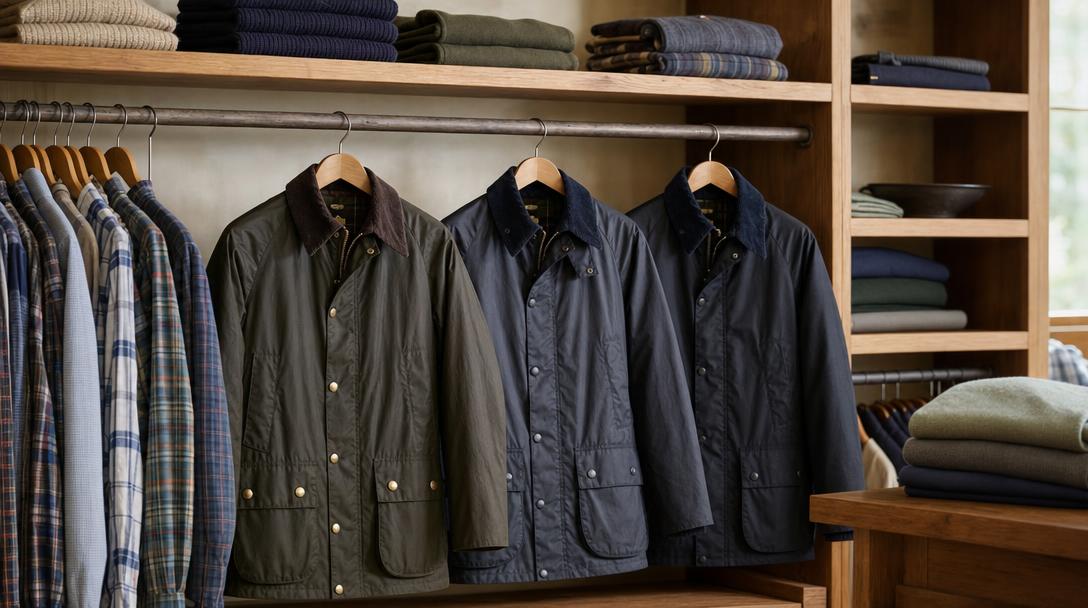 Le giacche Barbour da uomo sono esposte tra camicie e maglieria in un negozio di abbigliamento.