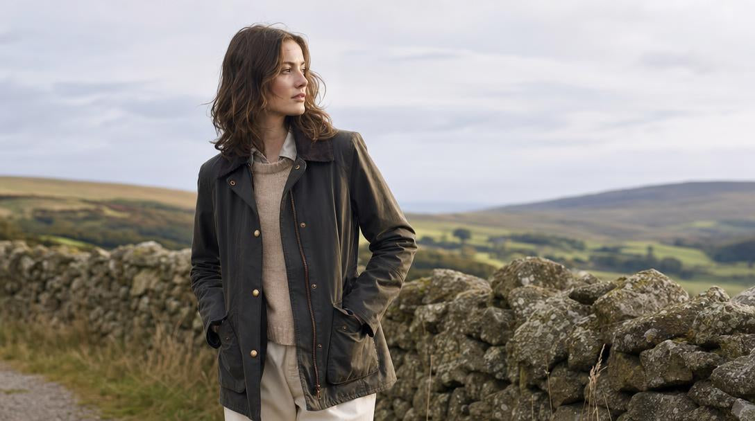 Giacca Barbour Modern Beadnell da donna in cotone cerato color sage con colletto in velluto a coste