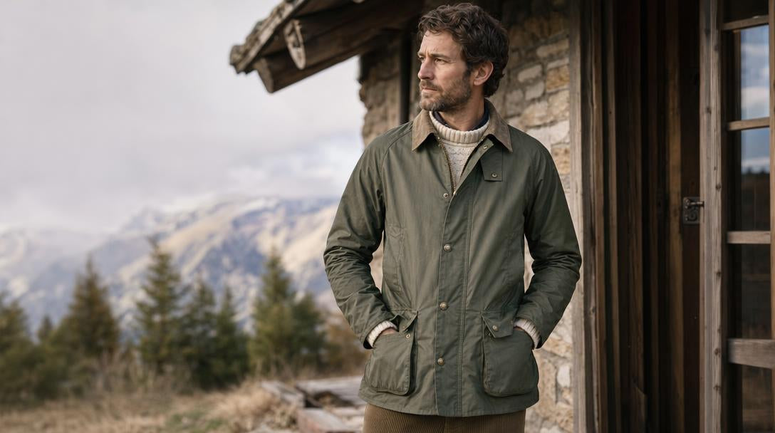 Giacca Barbour cerata da uomo color sage con colletto in velluto a coste e tasche a soffietto