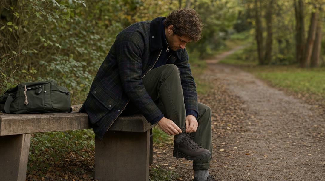 Un adulto indossa una giacca Bedale Wool mentre si allaccia una scarpa su una panchina lungo un sentiero del parco.