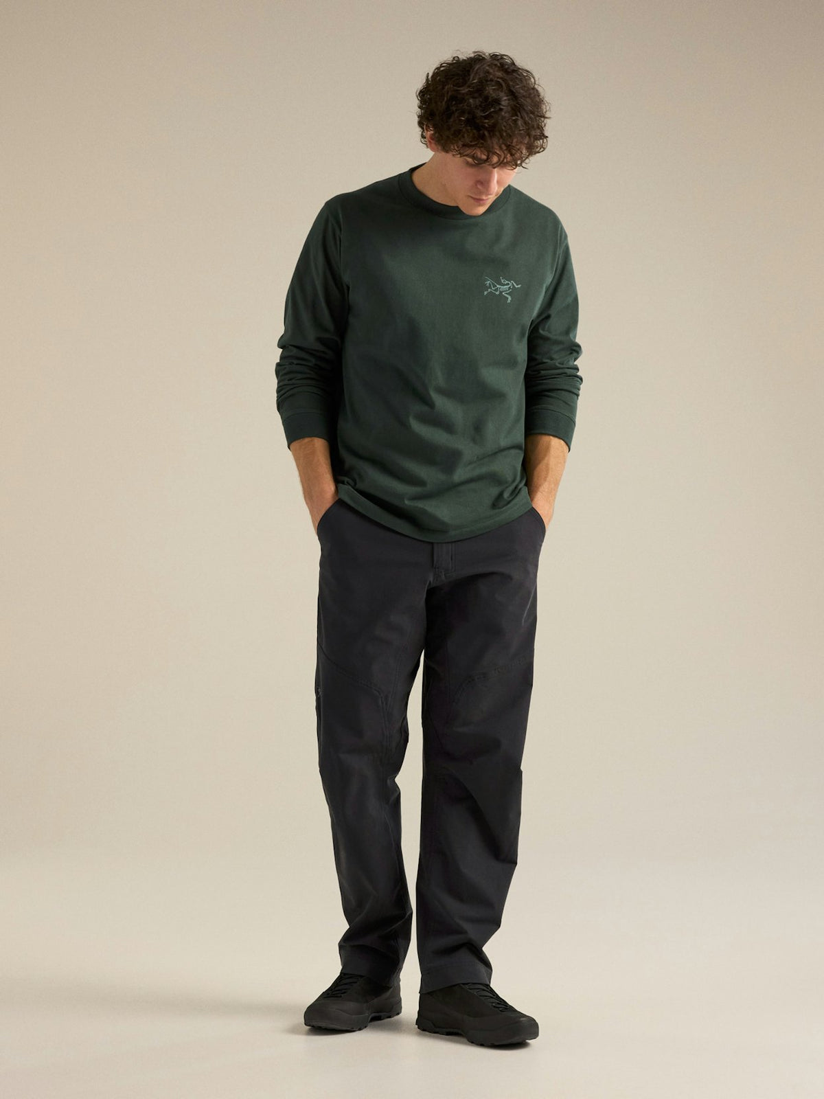 Mann Kragg Cotton Langarm T-shirt Dark Jade