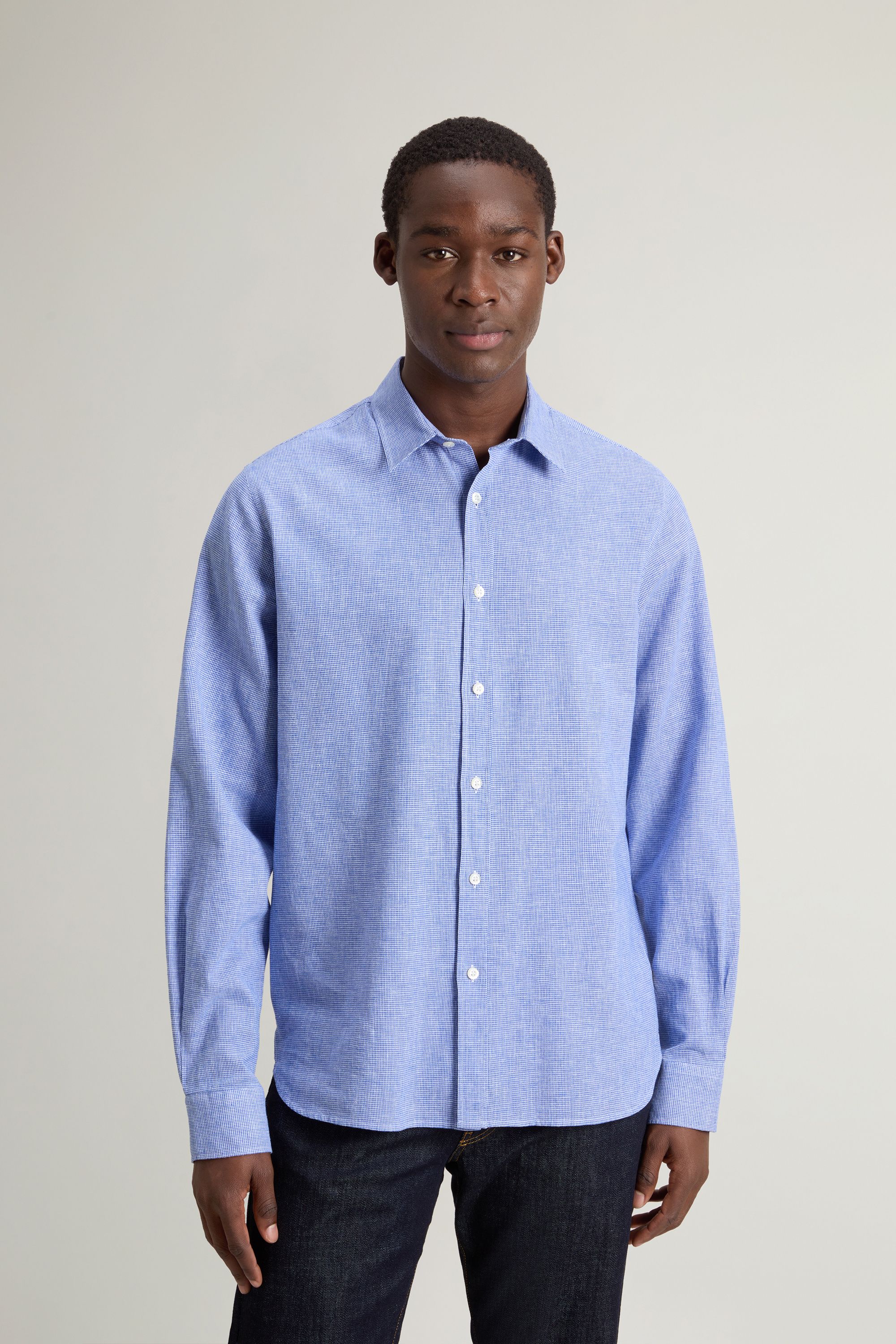Woolrich | Camicia Linen Cotton Uomo Pied De Poule Blue - Fabbrica Ski Sises