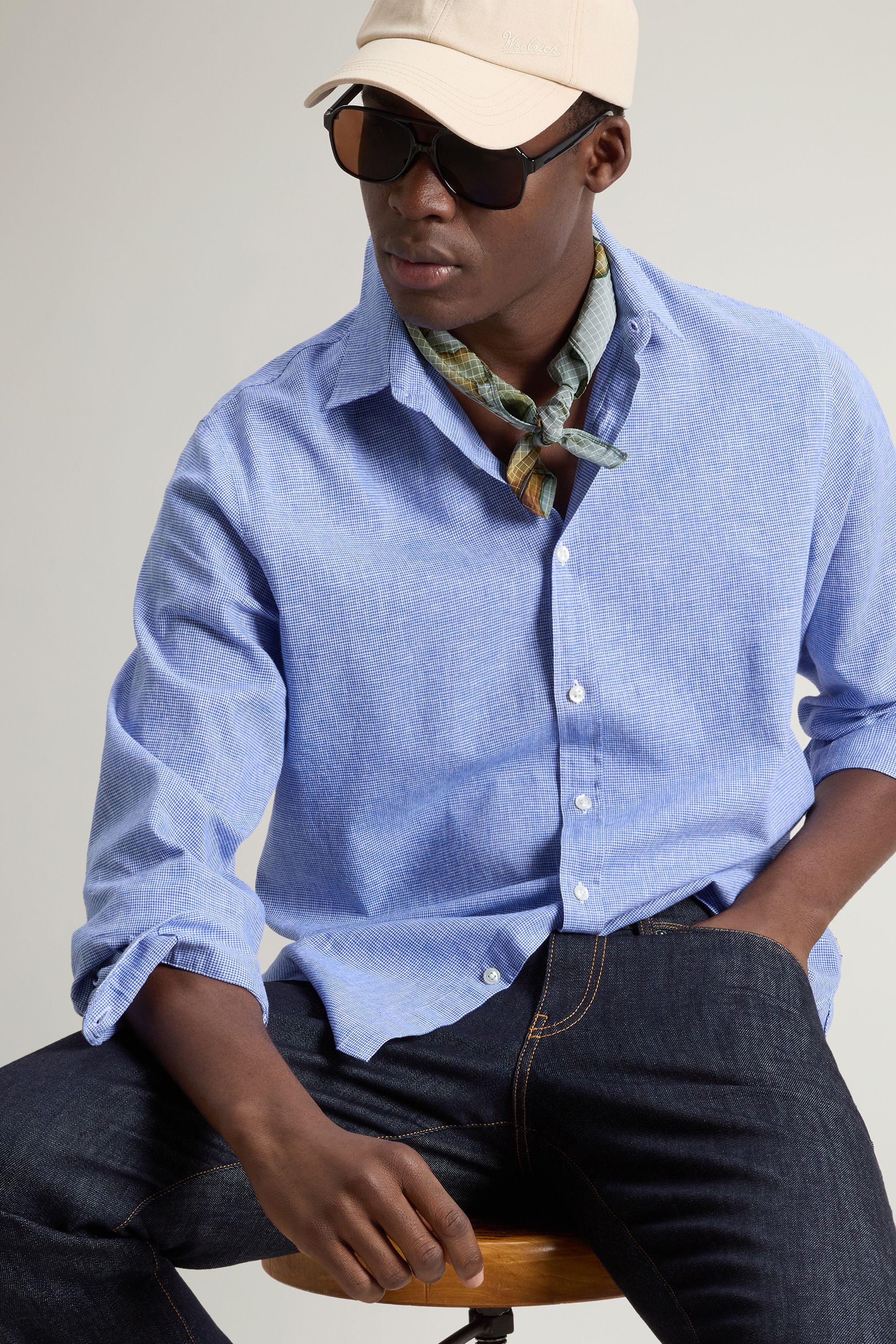 Woolrich | Camicia Linen Cotton Uomo Pied De Poule Blue - Fabbrica Ski Sises