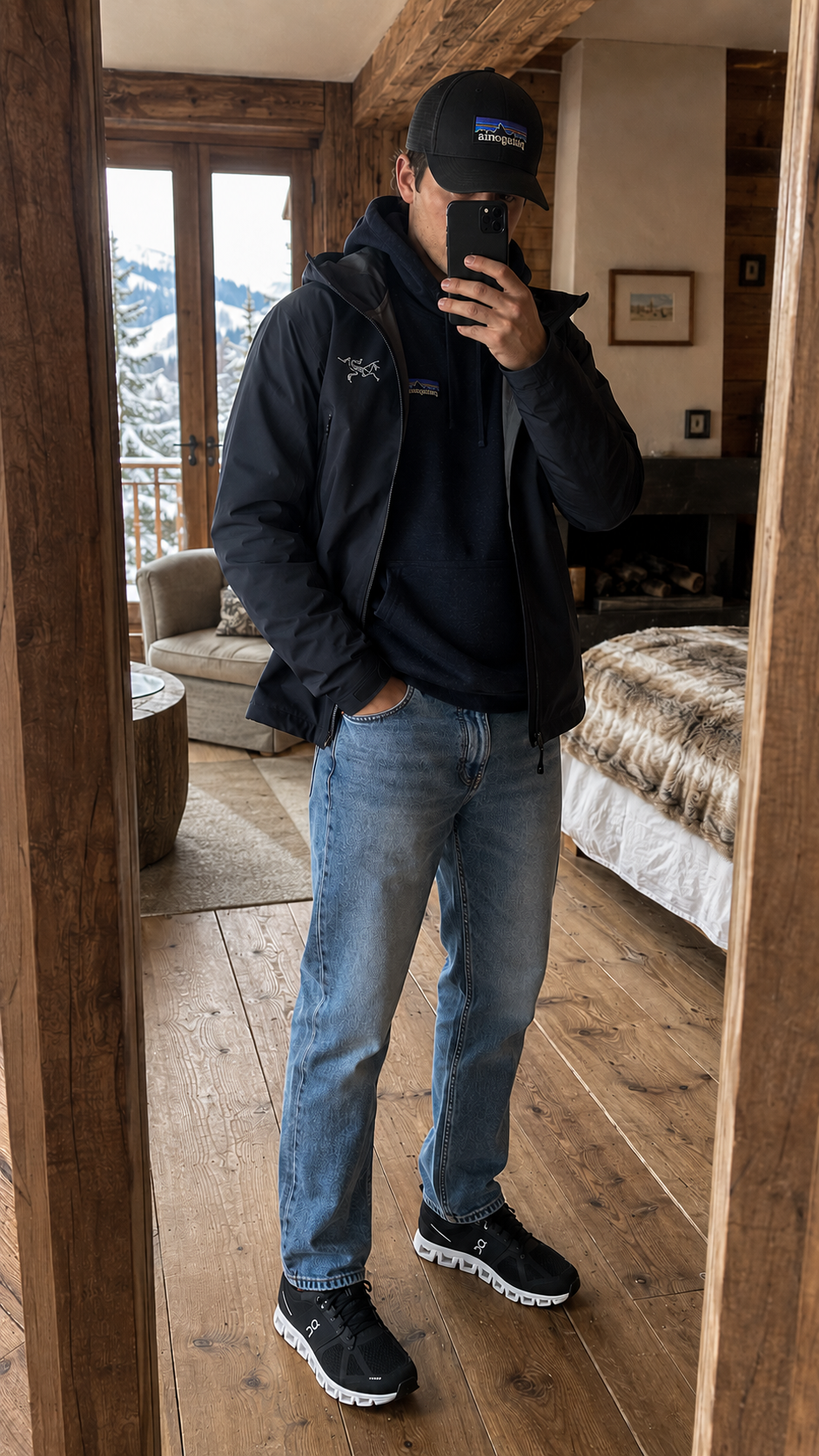Combinant la tenue homme d'automne urbain avec Arc'teryx Beta SL Veste, Patagonia P-6 Logo Trucker, Patagonia Skyline Uprisal Hoody, Roy Rogers 517 jeans et Sur les chaussures