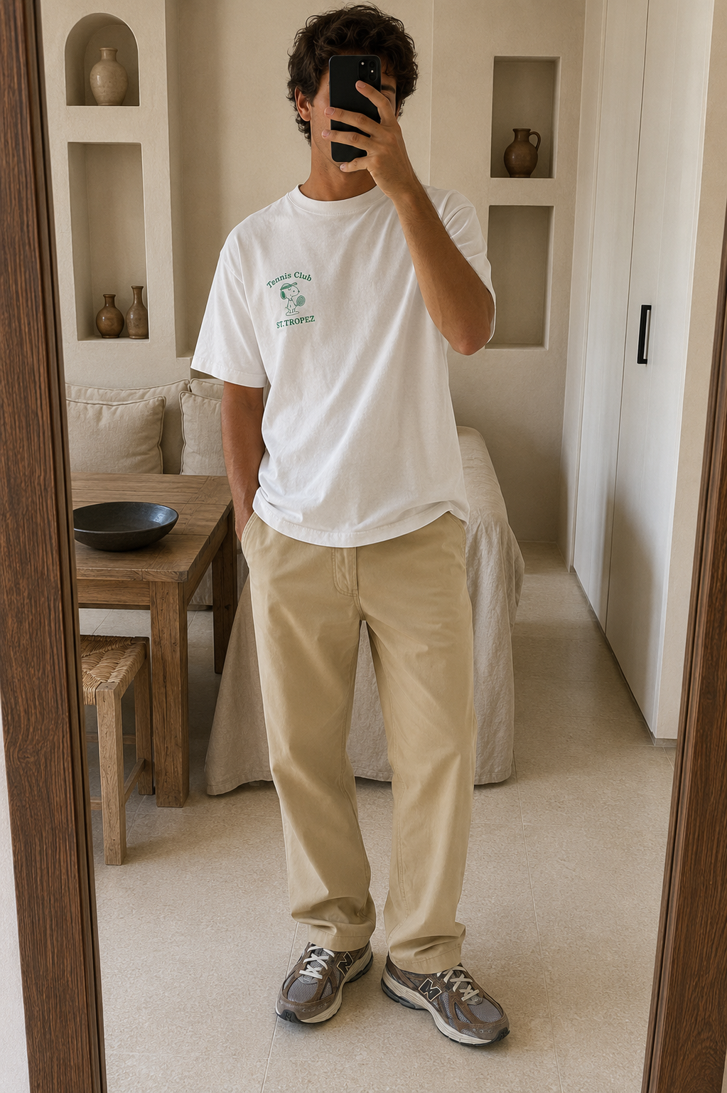 Look estivo uomo: t-shirt grafica bianca, chino sand e New Balance 1906R Thunder Brown