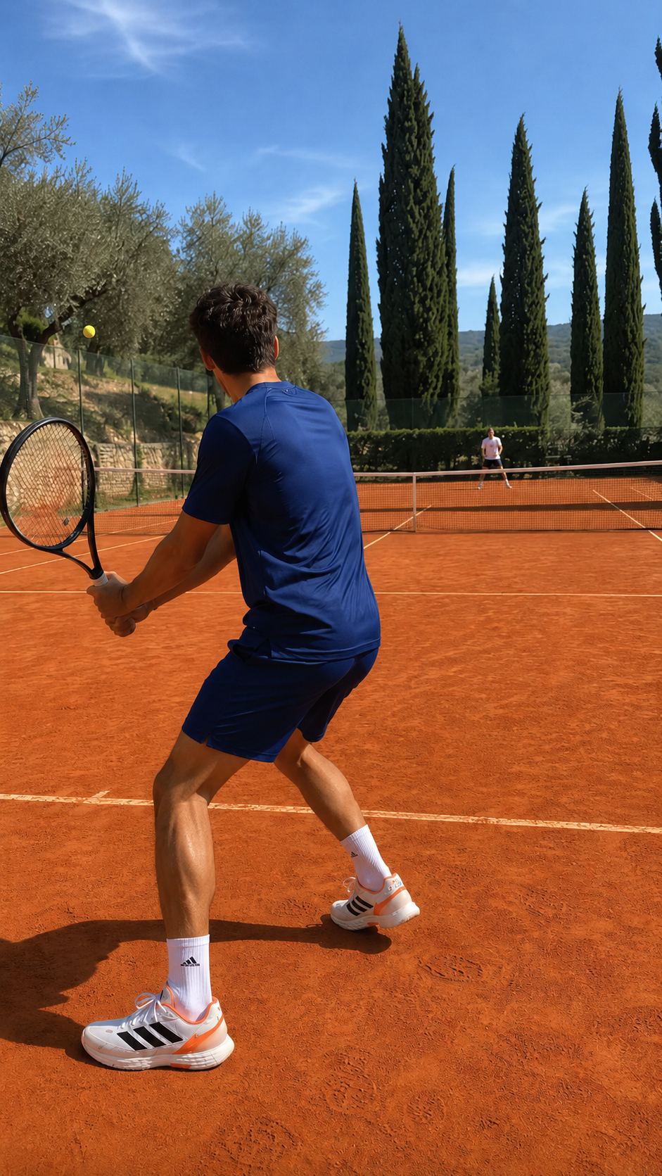Outfit uomo estivo tennis padel con T-shirt Adidas Dark Blue, pantaloncini Climacool e scarpe da tennis Adidas Defiant Speed 2