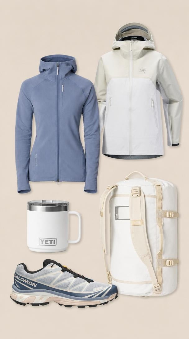 Outfit donna estivo outdoor con giacca Arc'teryx Beta, maglia Houdini, scarpe Salomon XT‑6, borraccia Yeti e borsa The North Face Base Camp