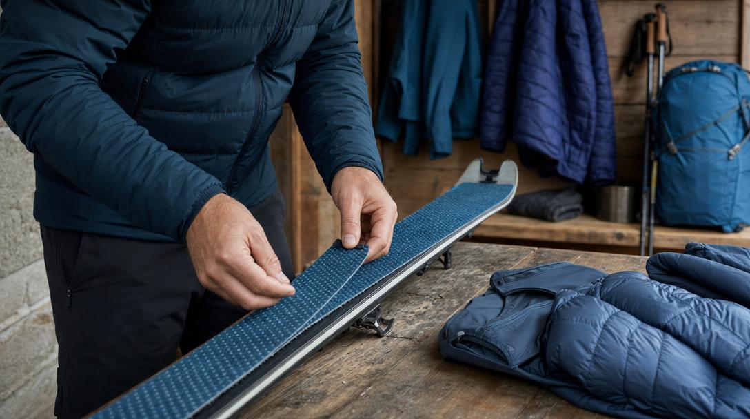 Le mani fissano una pelle a uno sci da alpinismo su un banco prima della salita.