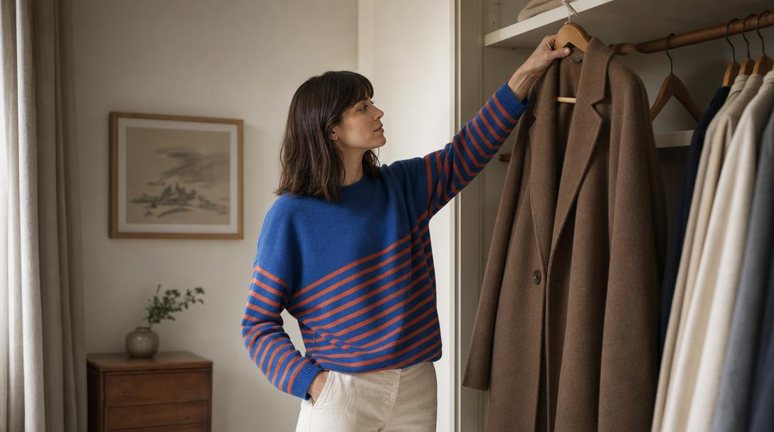 Una donna indossa una maglia Alyki Cashmere mentre prende un cappotto dal guardaroba di casa.