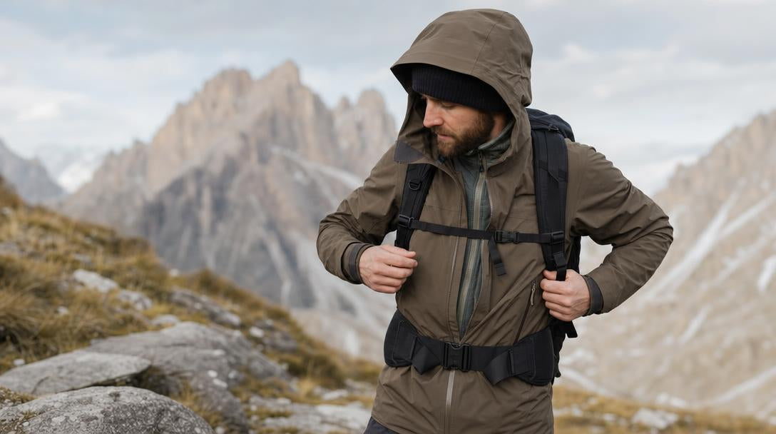 Un escursionista prova i movimenti del guscio sopra lo strato intermedio e controlla come lo zaino si appoggia sulle spalle.