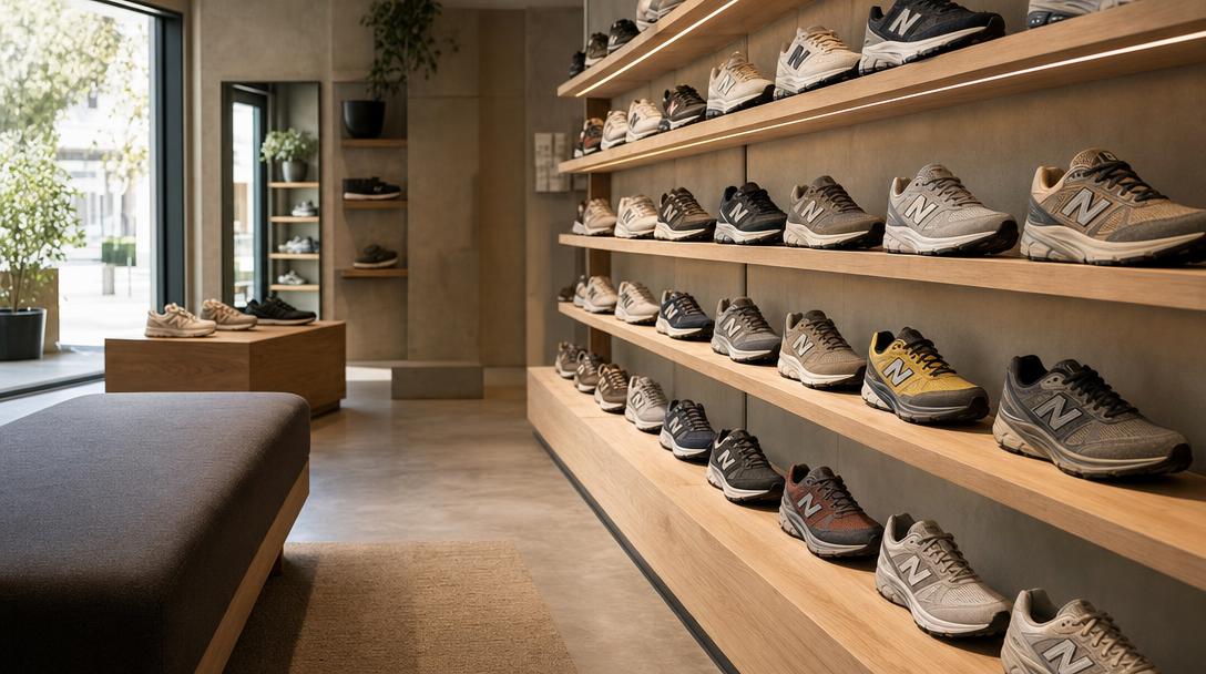 Scaffali di sneaker New Balance e una seduta per la prova accolgono i clienti in un negozio di calzature.