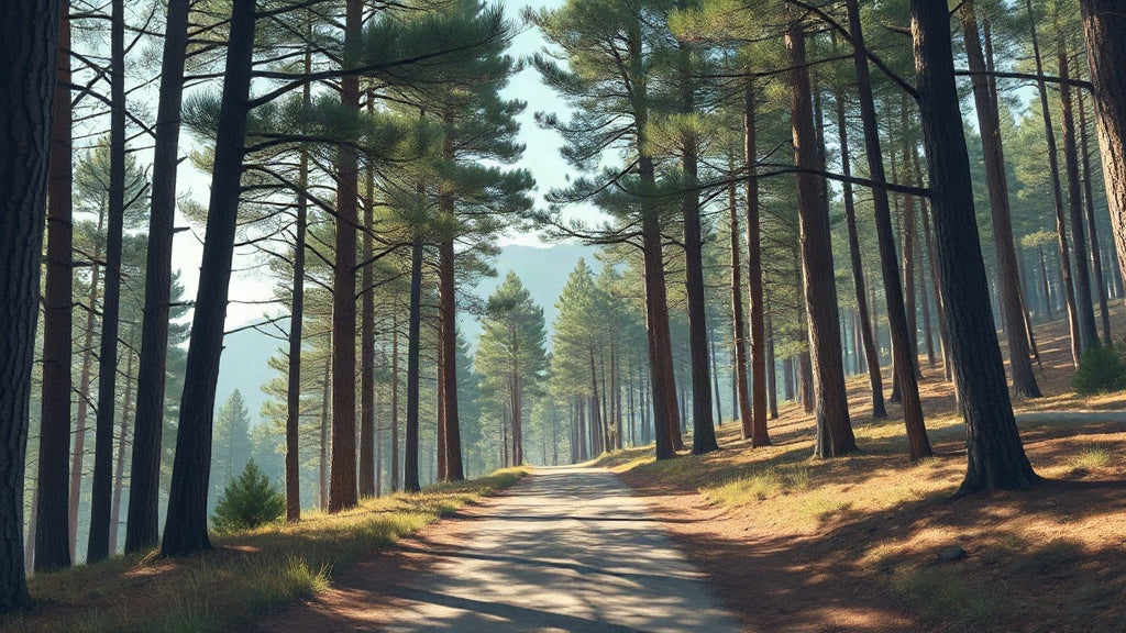 Immagine illustrativa di un sentiero di trail running in una pineta di media montagna con rilievi lontani sullo sfondo