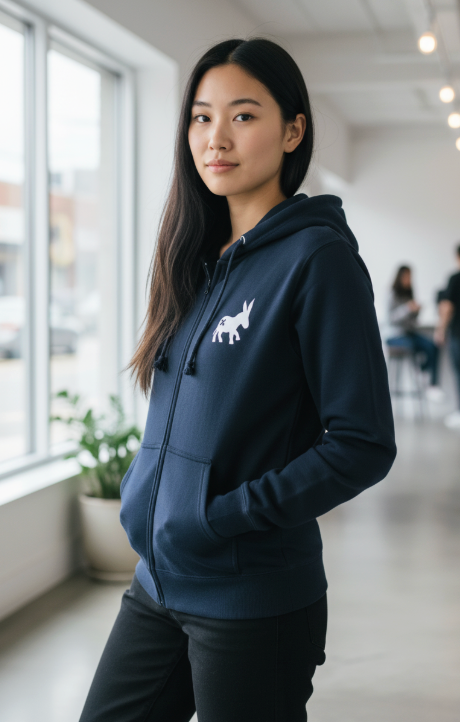 Women's Hoodie Full-Zip Sweater Navy Blue/White