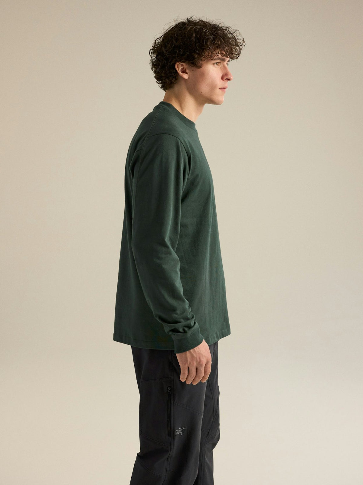 Mann Kragg Cotton Langarm T-shirt Dark Jade