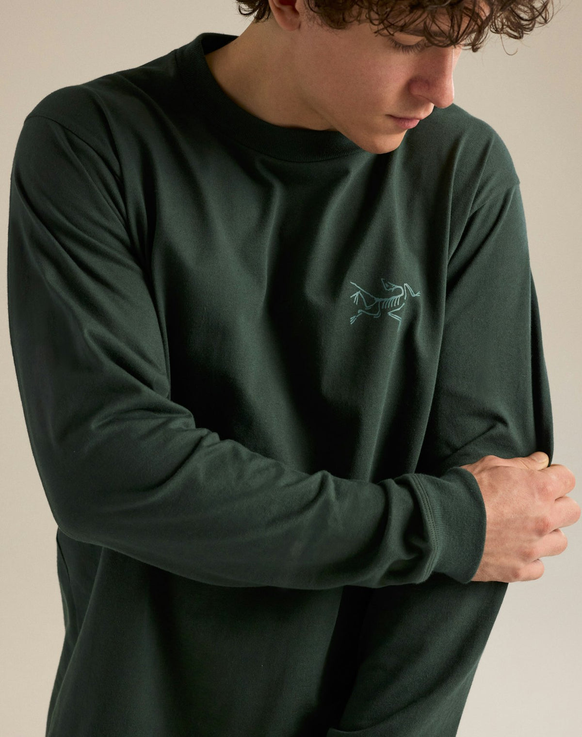 Mann Kragg Cotton Langarm T-shirt Dark Jade